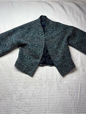 David Dixon Women's Teal & Black Interwoven Tweed Cropped Blazer Size Small